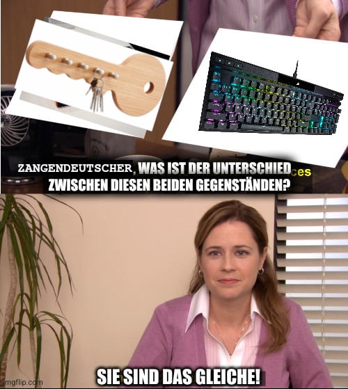 Ein Schlüsselbrett und eine Tastatur (engl. Keyboard) werden gezeigt und gefragt: "Zangendeutscher, was ist der Unterschied zwischen diesen beiden Gegenständen?" - Die Zangendeutsche antwortet wahrheitsgemäß "Sie sind das Gleiche!"