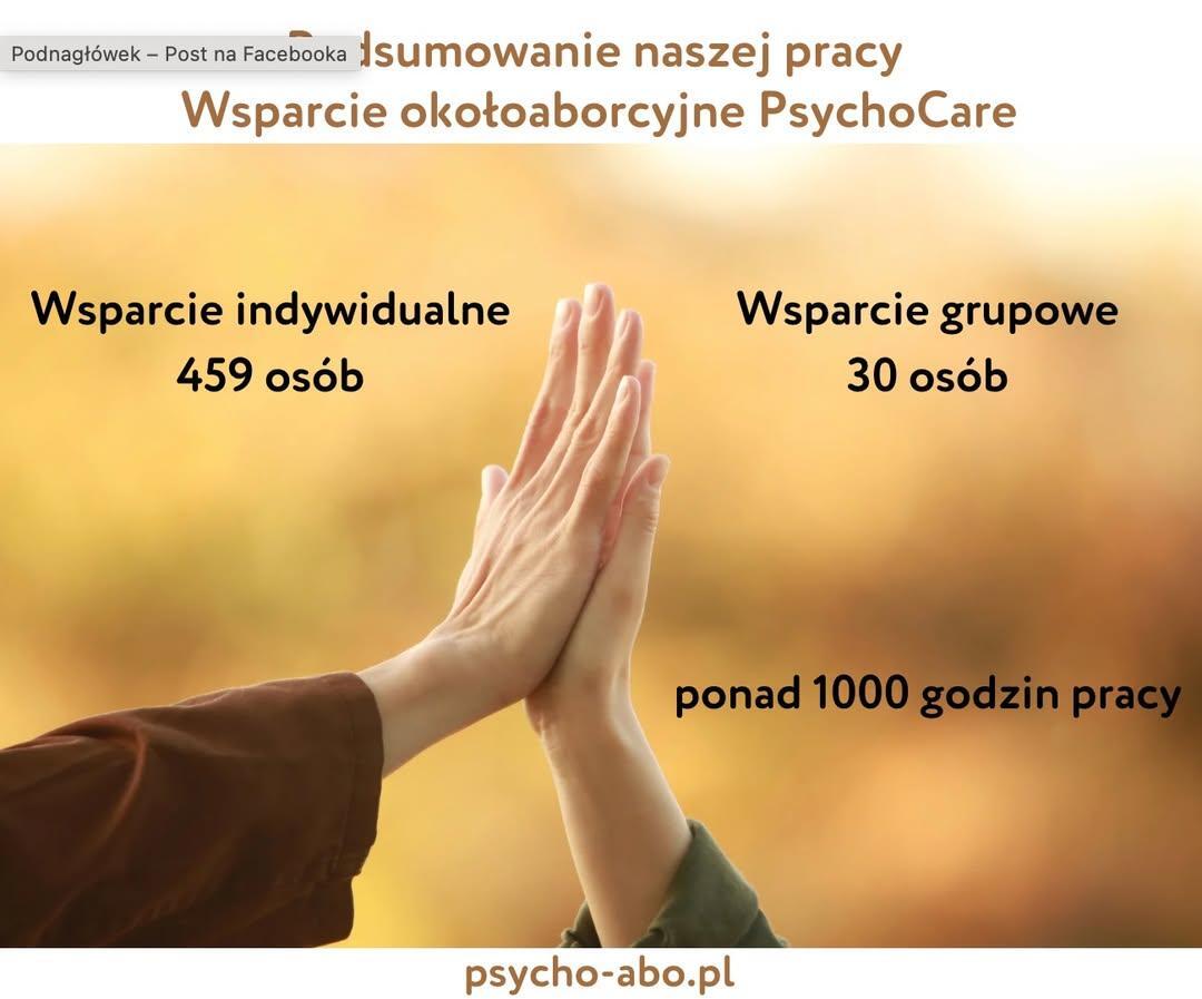 zdjęcie stykających się dłoni


Podsumowanie naszej pracy 
Wsparcie okołoaborcyjne PsychoCare

Wsparcie indywidualne
459 osób

Wsparcie grupowe
30 osób

ponad 1000 godzin pracy

psycho-abo.pl