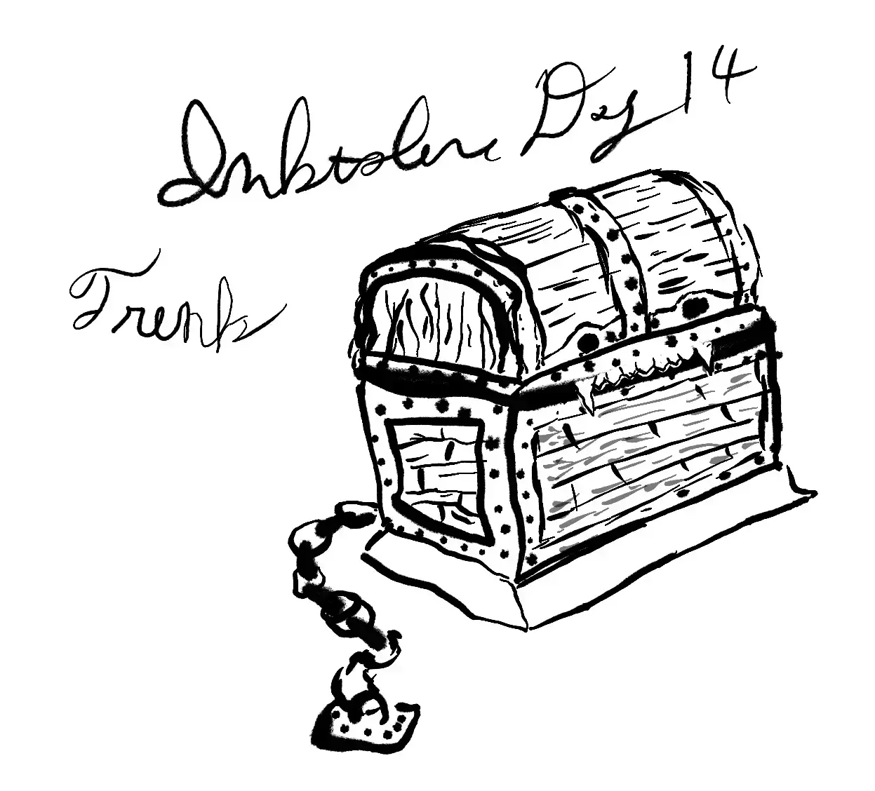 A wooden chest with metal reinforcements is chained to the floor. Two beady impressions like eyes and a little fanged row of teeth give away that this trunk isn't all it seems.