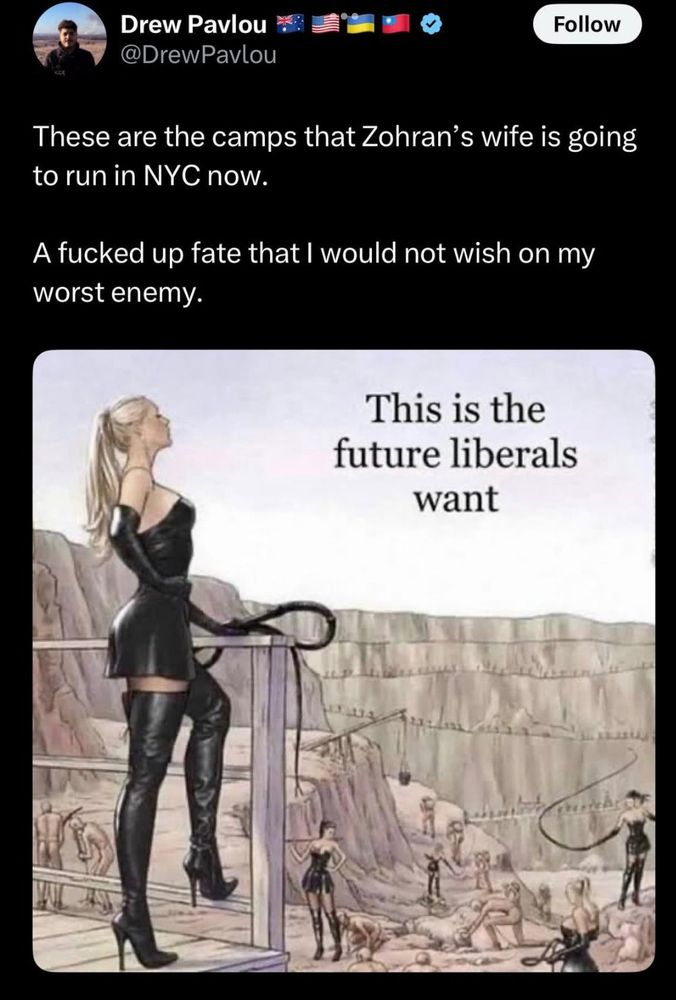 A graphic cartoon depicting a dystopian scene with a woman in high heels and black latex dresses overseeing a group of people engaged in what appears to be forced labor or punishment. The text at the bottom reads, "This is the future liberals want."