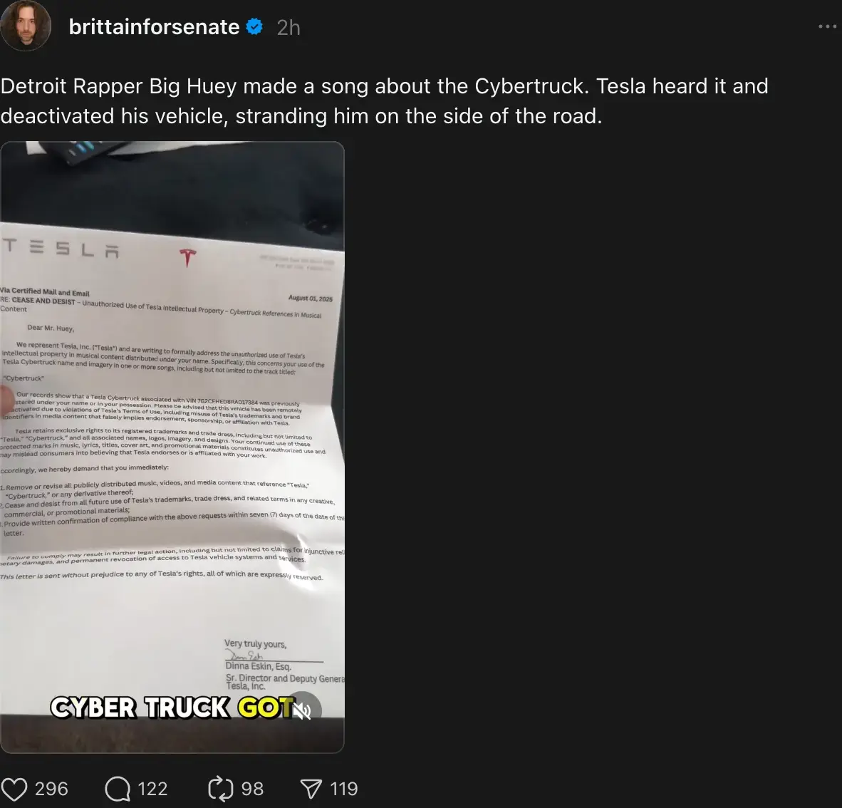 Threads post from, brittainforsenate:  Detroit Rapper Big Huey made a song about the Cybertruck. Tesla heard it and deactivated his vehicle, stranding him on the side of the road.
