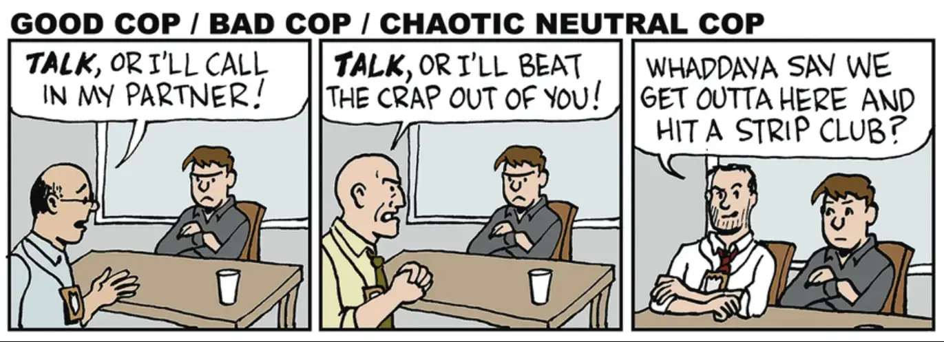 Title: Good cop / bad cop / chaotic neutral cop. Three panels that take place in an interrogation room, with one suspect, and with a different cop in each one:  Good Cop: "Talk, or I'll call in my partner!" Bad Cop: "Talk, or I'll beat the crap out of you!" Chaotic Neutral Cop: "Whaddaya say we get outta here and hit a strip club?"