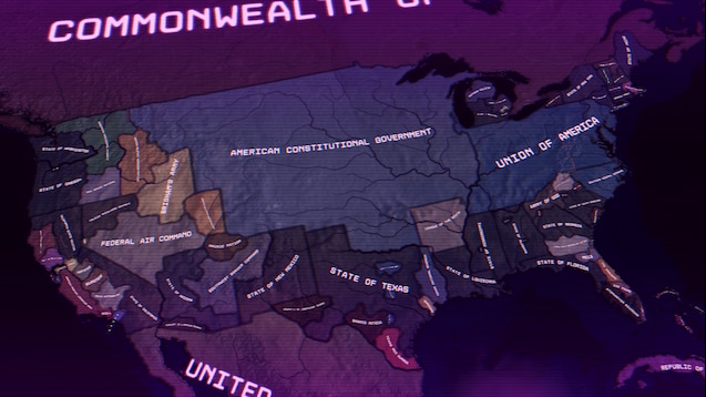 picture of a map of a fully balkanized US.  many factions are hard to see but a few notable ones:  American Constitutional Govt, Union of America, Federal Air Command, Texas, and various indepedent states