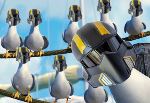 seaguls from Finding Nemo, all with Helldivers helmets