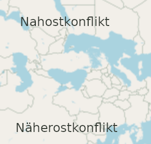 Karte. Oben (bei Israel): "Nahostkonflikt", Unten (bei Ukraine): "Näherostkonflikt"