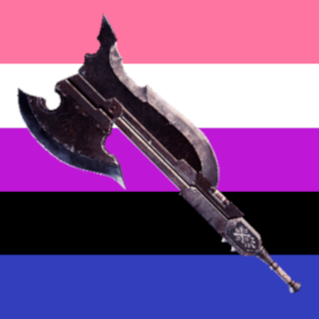 An image of the "Monster Hunter" Switch Axe, an axe that can transform into a sword, set on top of the genderfluid flag.