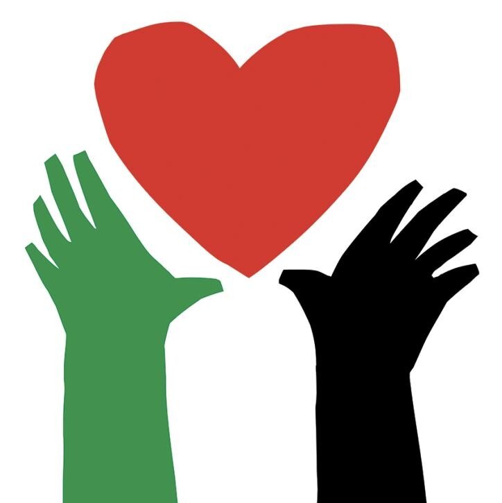 illustration of two hands (one green, and one black) reaching towards a red heart on a white background, the colours evoking Palestine's flag.