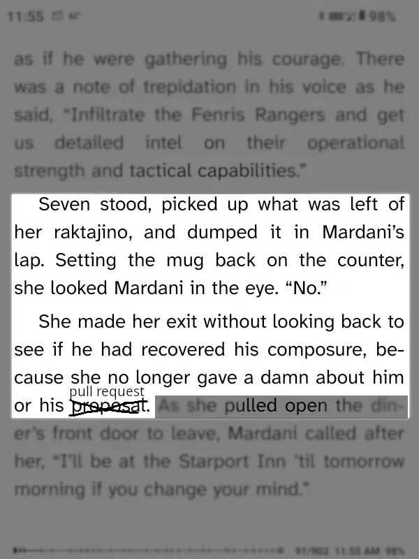 A highlighted excerpt from "Star Trek Picard: Firewall".  Excerpt reads: "Seven stood, picked up what was left of her raktajino, and dumpted it in Mardani's lap. Setting the mug back on the counter, she looked Mardani in the eye. 'No'.  She made her exit without looking back to see if he had recovered his composure because she no longer gave a damn about him or his pull request."