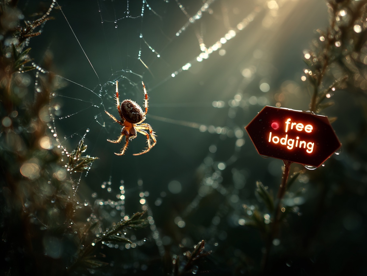 Macro photography of a spider in its web. A neon sign next to the web reads “Free lodging”. 