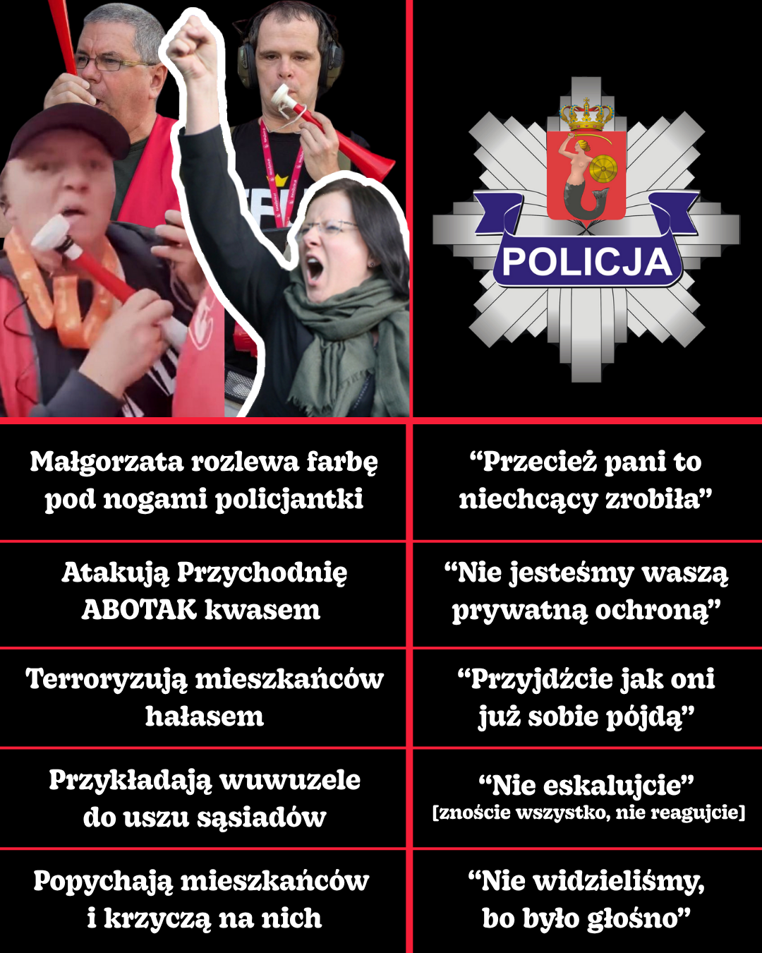 po lewej kolumna z nagłówkiem ze zdjęć kai godek i jej bandy, z wuwuzelami, słuchawkami wygłuszającymi
po prawej kolumna z logo warszawskiej policji i cytatami z policjantów

tabela:
-Małgorzata rozlewa farbę pod nogami policjantki
-"Przecież pani to niechcący zrobiła”

Atakują Przychodnię ABOTAK kwasem
-"Nie jesteśmy waszą prywatną ochroną”

Terroryzują mieszkańców hałasem
“Przyjdźcie jak oni już sobie pójdą"

Przykładają wuwuzele do uszu sąsiadów
"Nie eskalujcie" [znoście wszystko, nie reagujcie]

Popychają mieszkańców i krzyczą na nich
“Nie widzieliśmy, bo było głośno❞