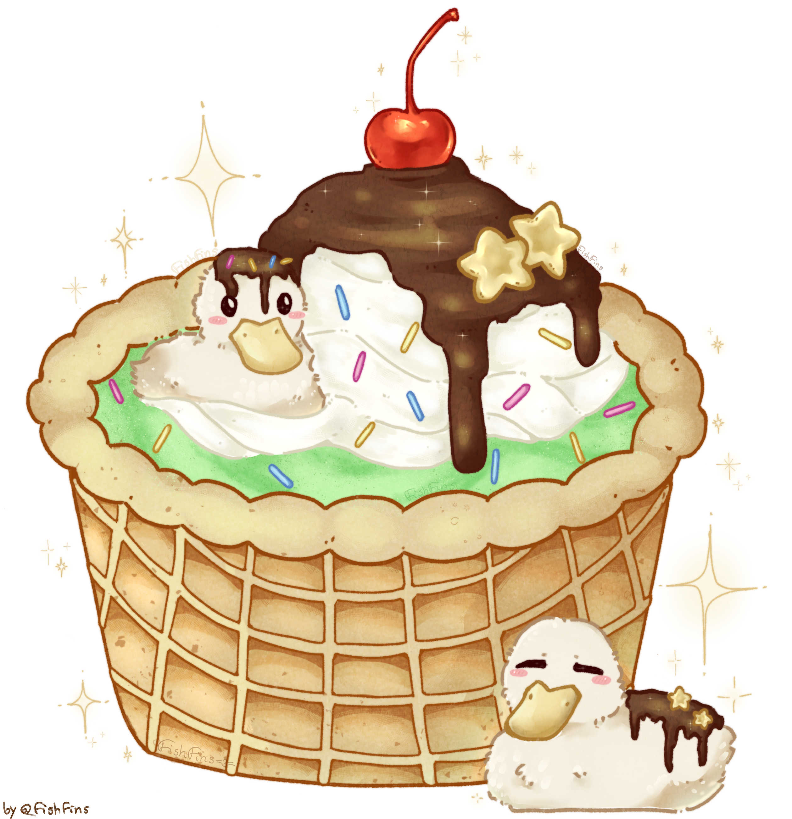 Little fluffy banana ducklings topped with chocolate syrup are sitting inside and next to a waffle cup with green mint ice cream that is topped with whipped cream, chocolate syrup, colorful sprinkles and a cherry on top