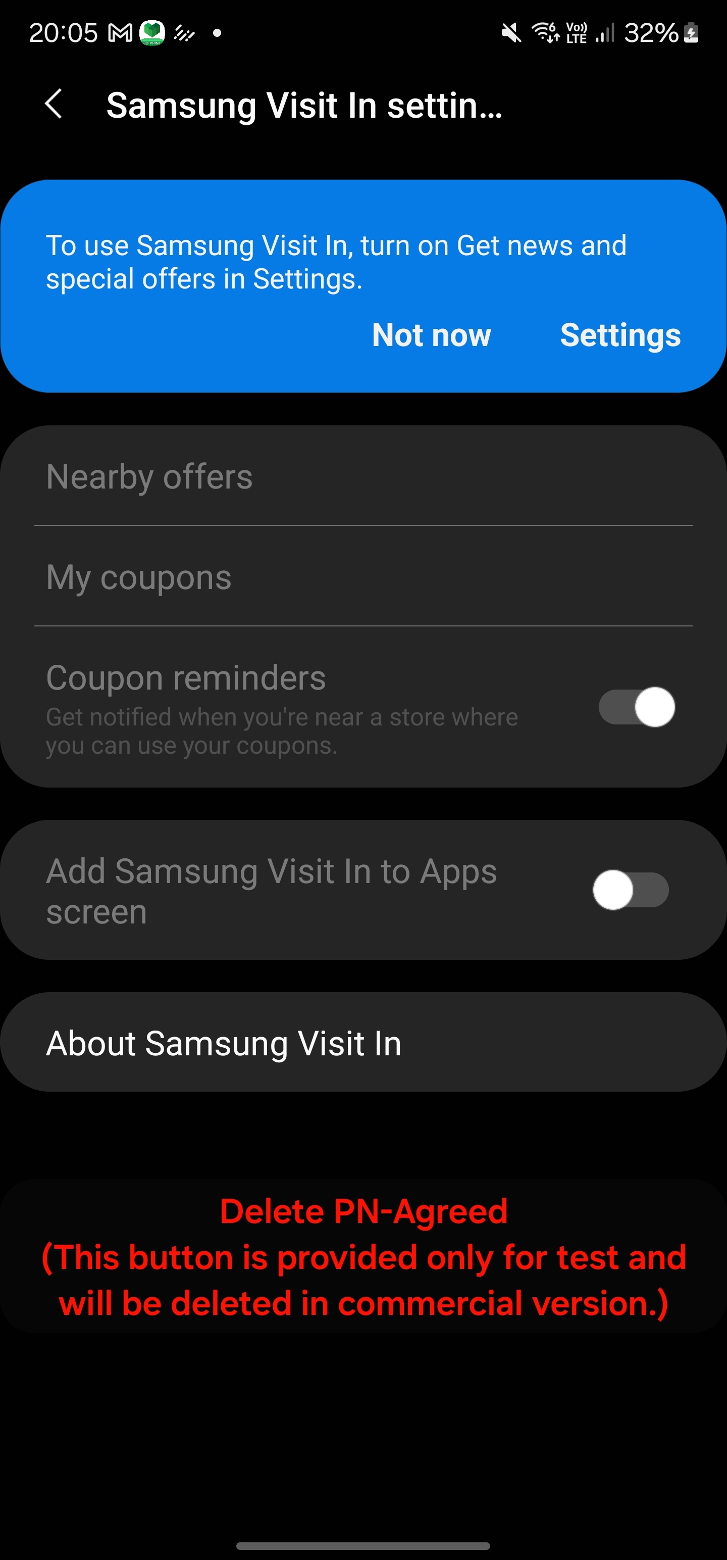 A screenshot of a samsung App with the text in red: Delete PN-Agreed
(This button is provided only for test and
will be deleted in commercial version.)