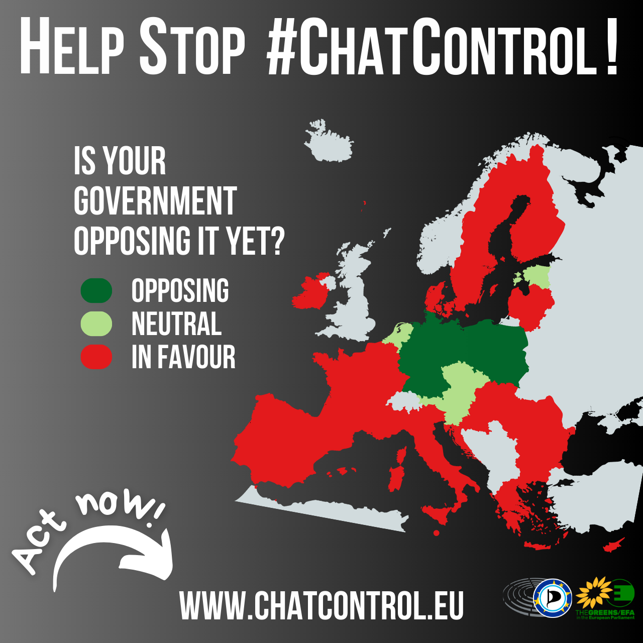 Sharepic przedstawiający mapę Europy. „Pomóż powstrzymać #ChatControl! Czy Twój rząd już się sprzeciwił?” Pokazuje większość UE w kolorze czerwonym, jako „popierającą” chatcontrol. „Działaj teraz! www.chatcontrol.eu” oraz logo Europejskich Piratów i Grupy Zielonych w Parlamencie Europejskim.