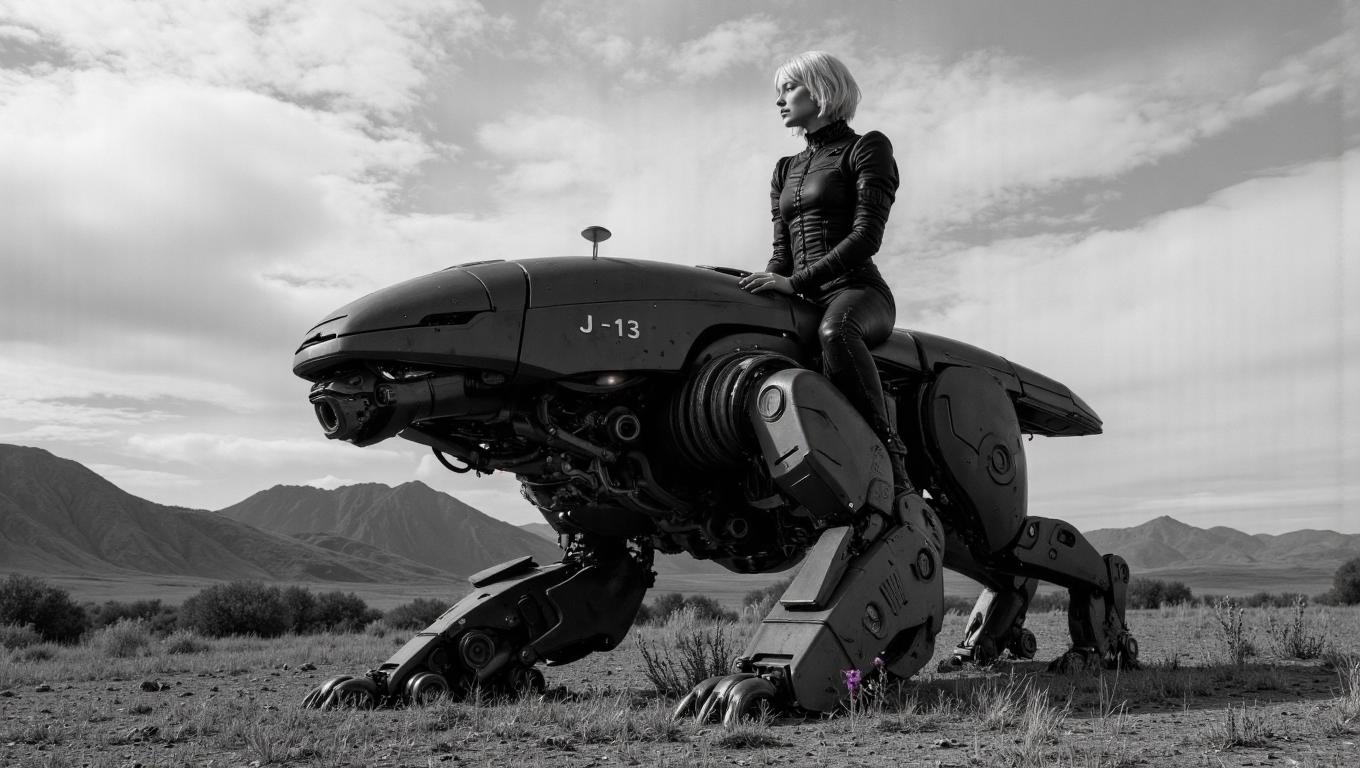 A black and white image of a futuristic scene featuring a woman with short, light-colored hair seated atop a large mechanical quadruped robot. The individual wears a fitted black leather outfit and sits confidently on the machine, which has an identification marking "J-13" visible on its side. The robotic construct has a sleek, panther-like design with articulated legs ending in claw-like feet and a streamlined head. The setting is a sparse, open landscape with mountains visible in the background. Scrubby vegetation dots the foreground, and a cloudy sky stretches above. A small splash of purple color is visible on a flower near the robot's foot, standing out as the only non-monochromatic element in the otherwise grayscale image.