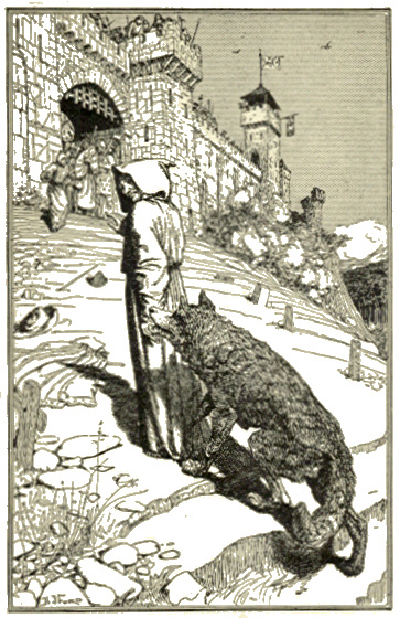 An illustration of St Francis of Assisi leading a wolf into Gubbio in Italy, with Medieval city walls.