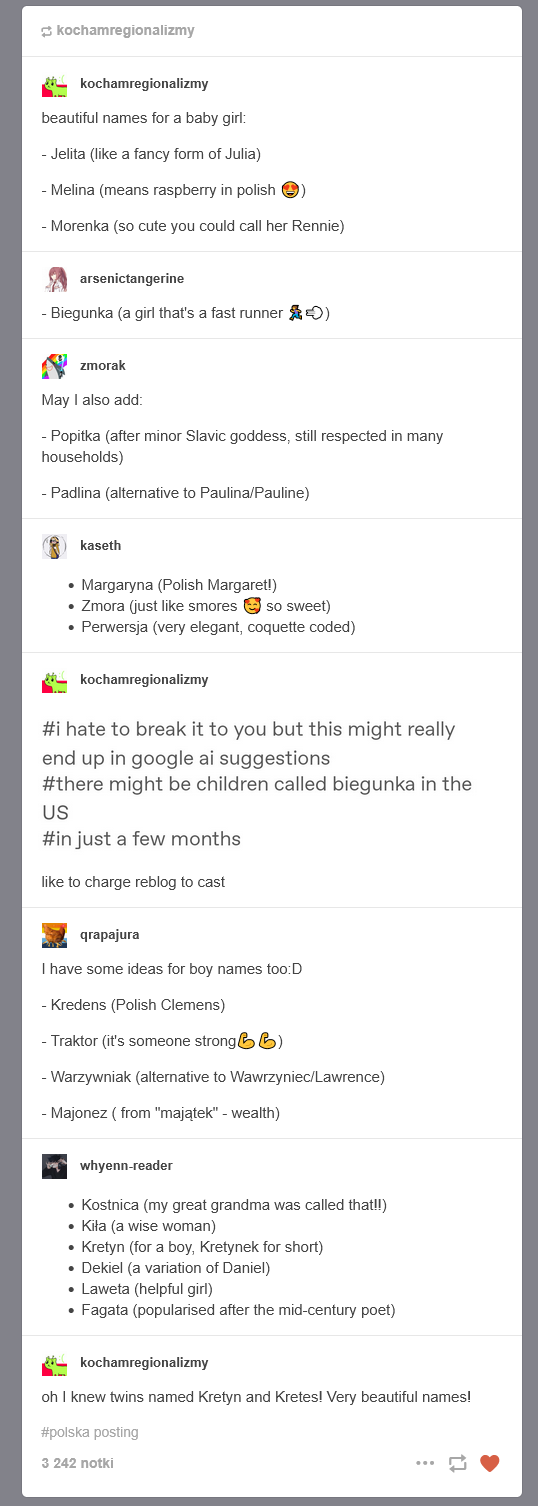 tubmblr screenshot with polish names that might mean something completely different in polish