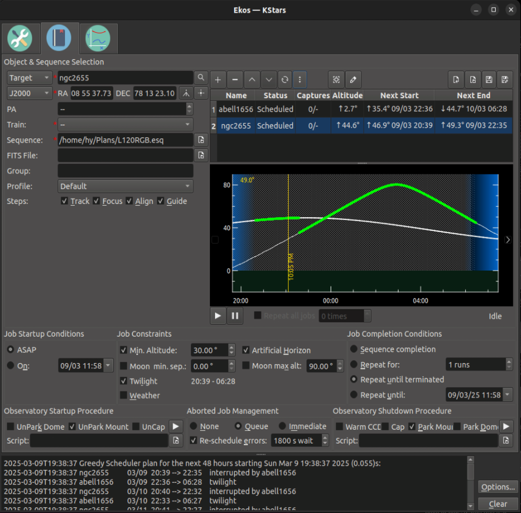 A screen shot of KStars, showing the new altitude graph in the scheduler table.