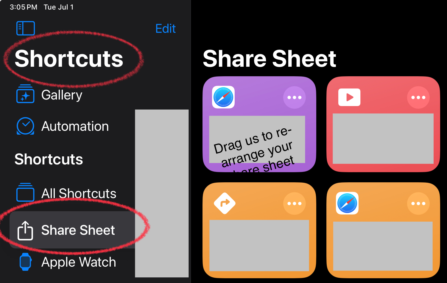Screenshot of iPadOS Shortcuts App showing the Share Sheet folder, indicating tiles may be re-arranged