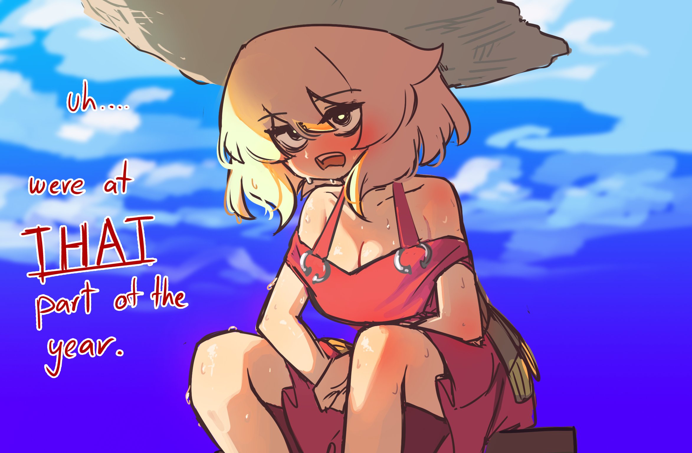 Centurii-chan, wearing a red off-shoulder top, sits under the blazing sun, sweating and blushing from the heat. The text, possibly her inner thoughts, reads: "uh... we're at THAT part of the year," with "THAT" emphasized to highlight the intensity of summer.