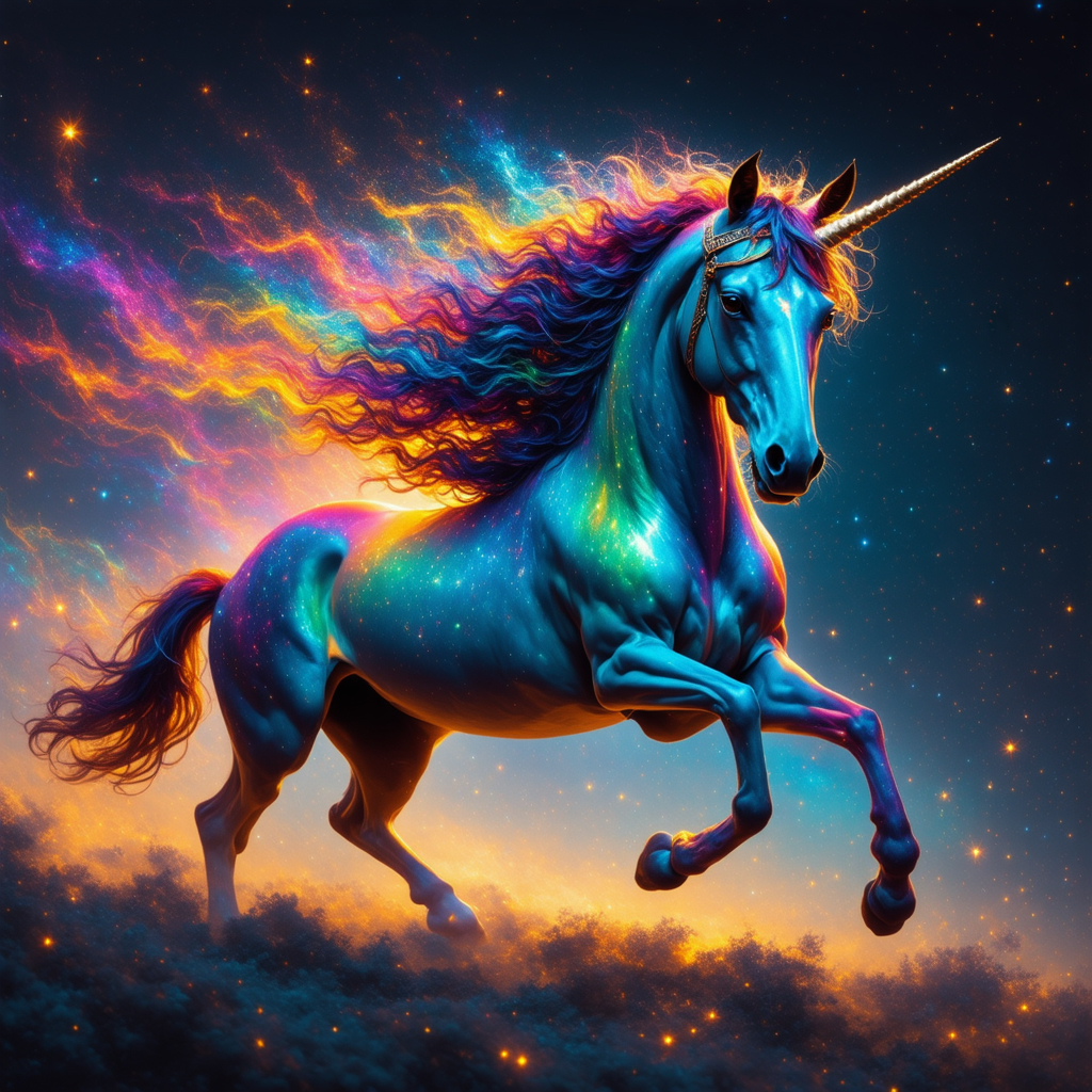 A rainbow unicorn galloping across a supernova. Rainbow energy from its mane trails behind it.