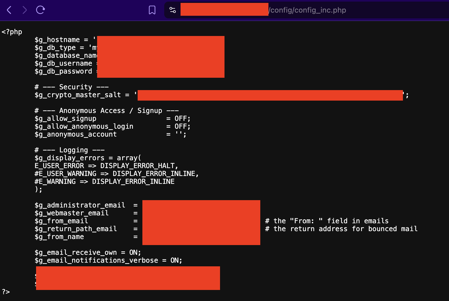 Database credentials and cryptographic secrets exposed during Debian system upgrade. The secrets have been censored with red blocks.