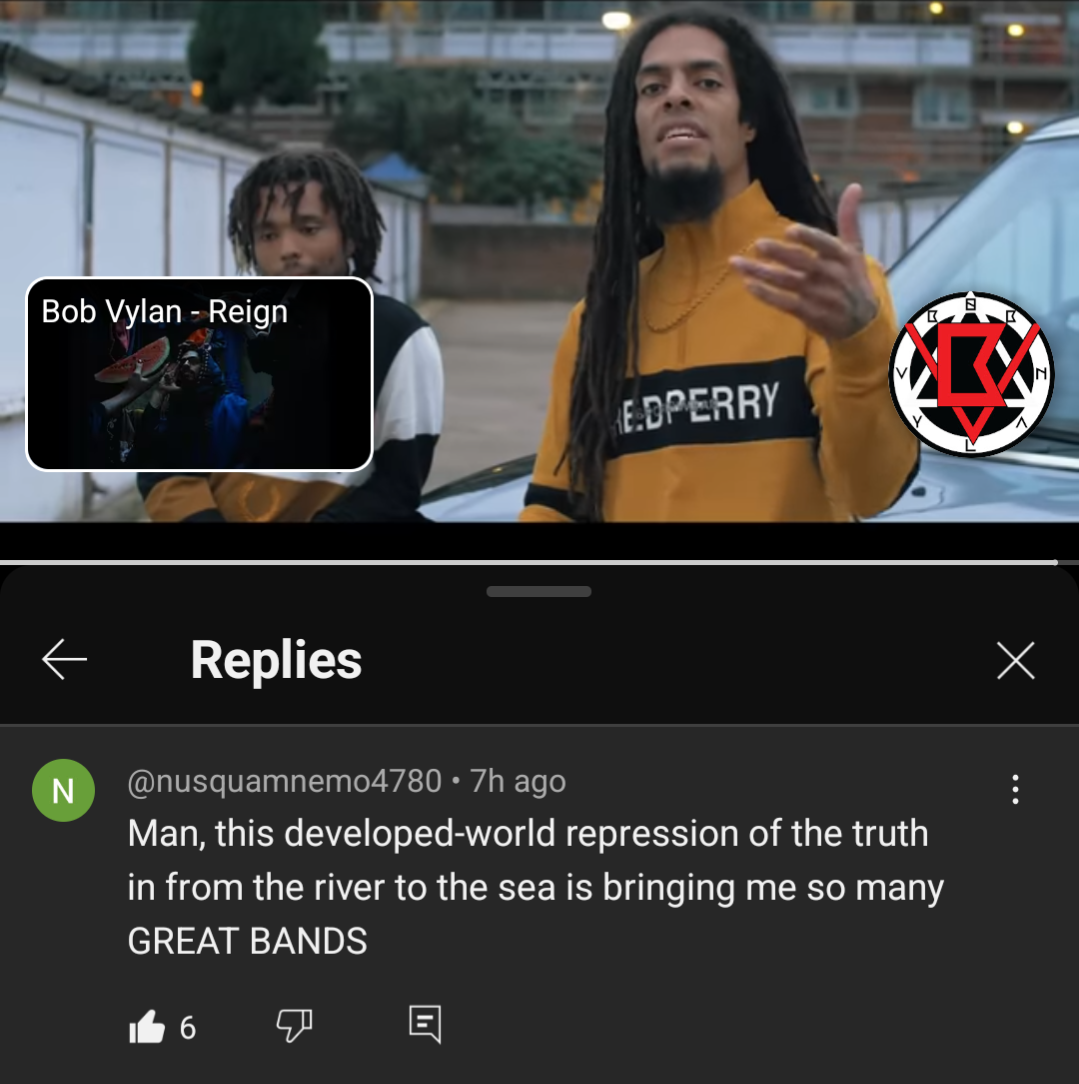 Screenshot from a YouTube music video with a comment. On the top, the two members of the band Bob Vylan. On the bottom, an anonymous comment: "Man, this developed-world repression of the truth in from the river to the sea is bringing me so many GREAT BANDS"