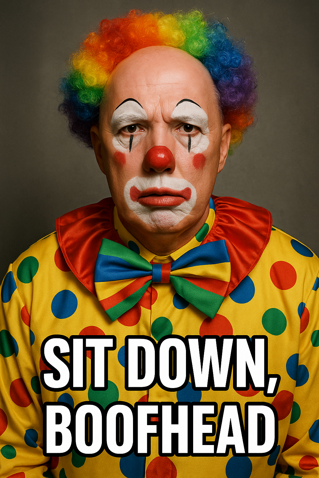 An AI photo of Peter Dutton as a clown with the text "Sit down, boofhead" under it.