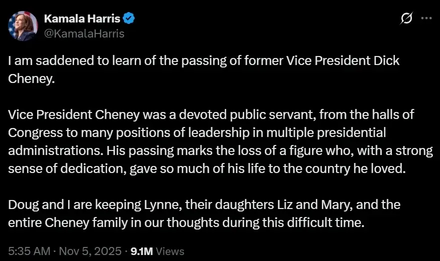 Kamala Harris is big sad about Cheney dying and describes him as a "devoted public servant"