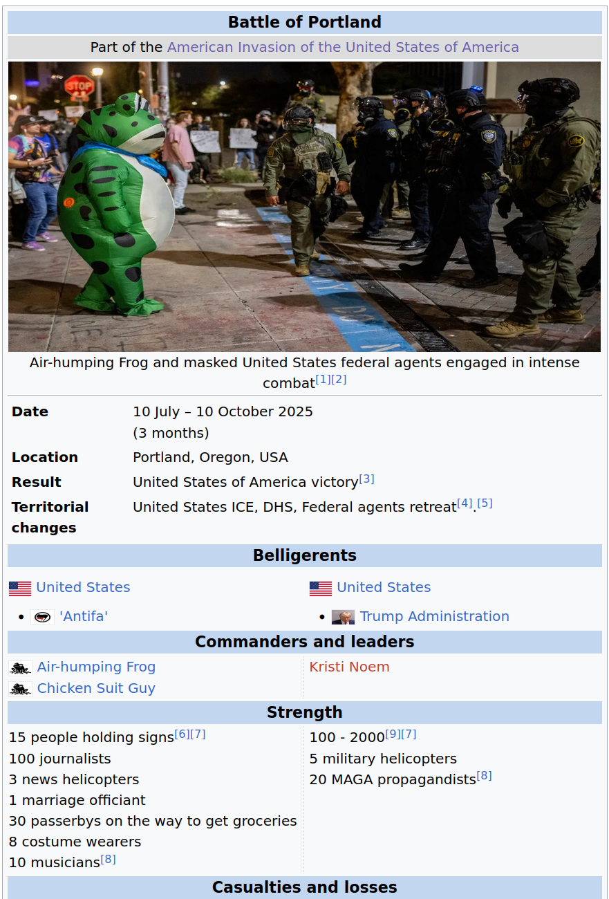An edited wikipedia article summary card to read Battle of Portland, Part of the American Invasion of the United states of america. between the inflatable frog costume wearer and US federal agents.