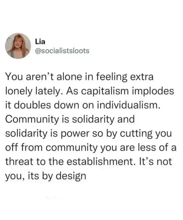 You aren't alone in feeling extra lonely lately. As capitalism implodes it doubles down on individualism. Community is solidarity and solidarity is power so by cutting you off from community you are less of a threat to the establishment. It's not you, its by design