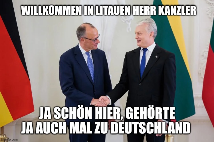 Merz in Litauen, schüttelt litauischen Präsidenten Gitanas Nauseda die Hände. Text oben: guten Tag Herr Kanzler. Text unten: ja schön hier gehörte ja auch Mal zu Deutschland 