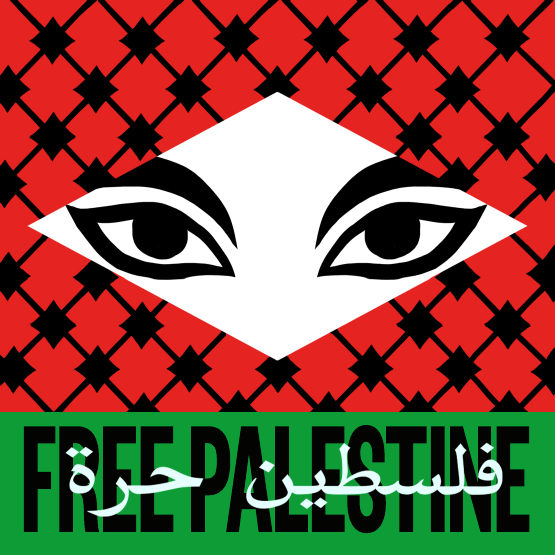 Illustration of a person wearing a red and black keffiyeh, their eyes looking towards the viewer. Below their face has text reading "FREE PALESTINE" in black text and the same statement is overlayed in white text in Arabic script.