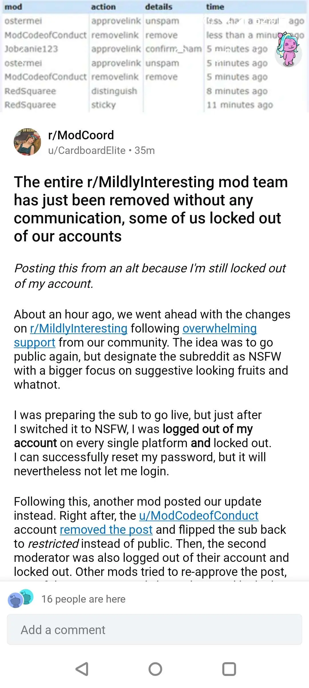 📢Entire mod team on r/mildlyinteresting (and more subs) removed and locked out of their accounts after changing their rules upon community's request. (They're also switching subs BACK to SFW) - RedditMigration - kbin.social