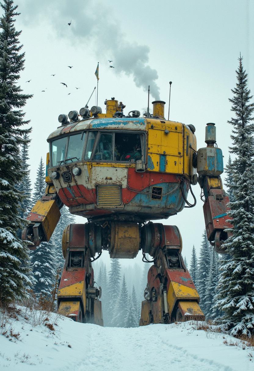 A large, rugged, bipedal mech parked amidst a snow-covered coniferous forest. The machine has a bulky, rounded central body serving as a cabin, featuring multiple front-facing windows. Its exterior is heavily weathered, showing layers of chipped yellow, red, and blue paint. Stout legs support the structure, planted firmly on the snowy ground, while blocky arms hang at its sides. Smoke plumes from a smokestack on the roof, which also hosts various lights and small antennae. The surrounding environment is a dense forest of tall pine trees under an overcast sky, with several birds flying in the distance.