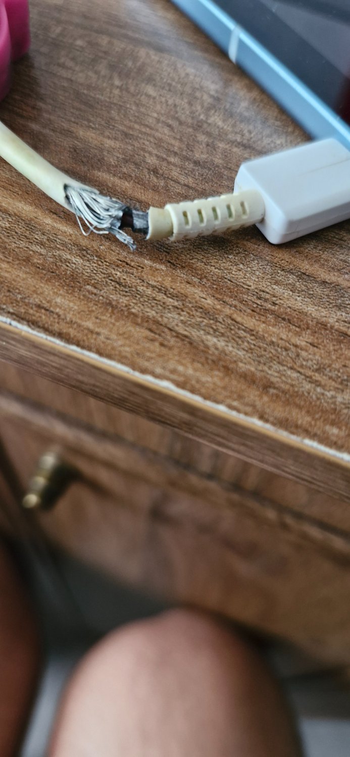 A cable whose wires seem to be exposed.