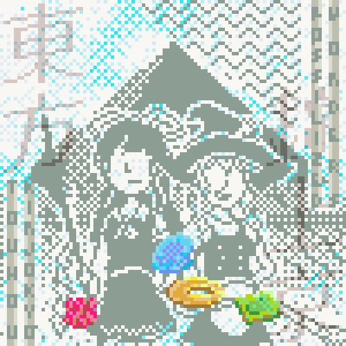 A fannish jacket for Touhou Kinjōkyō ~ Fossilized Wonders, in the style of vivid/stasis. The general palette is dominated with slate and teal hues, aside from four gemstones at the lower half—one raw (fuchsia and pale pink (Scarlet Devil)), and three refined (cerulean and pale cyan (Blue Season), yellow ochre and sunny yellow (Imperishable Moon), jade and lime (Shintoism Wind)). Behind them are Reimu and Marisa, as they appeared in the aforementioned game's demo and beyond, who are standing far behind a nondescript, looming, mountain-like pyramid, with succeeding dither lines indicating some sort of forestry. Layered on the sides are the Japanese characters for the aforementioned game, though the Kinjōkyō part seems to be mostly obscured by those same dither lines; the romanized part goes the opposite way, albeit in a small typeface laid on top of opaque two-tone strips.