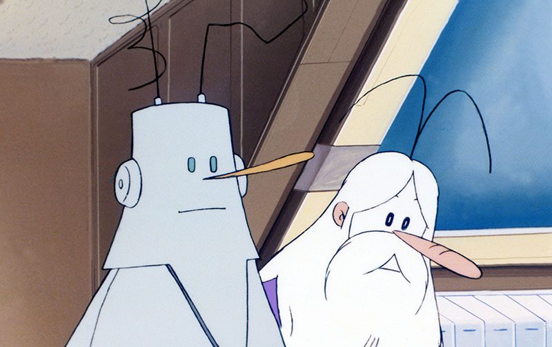 Screencap from "Once Upon a Time... Space": Maestro next to a robot based on his likeness