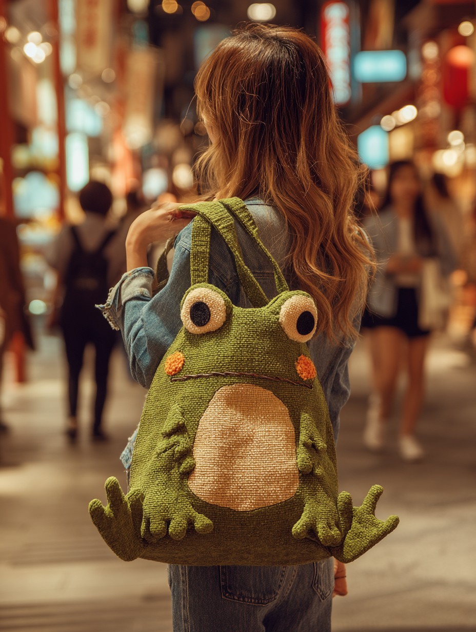 A woman carrying a cute tote bag shaped like a toad. She's walking down a busy shopping street at night. It's a bad pun, nothing else :)