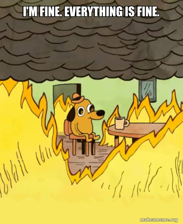 Memowy piesek w kapelutku siedzi w płonącym pomieszczeniu przy stoliku z kubkiem kawy (?). Napis: I am fine. Everything is fine.