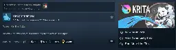 A screenshot of a positive Steam review for Krita that reads "i'm drawing two gay furries kissing right now this is epic".